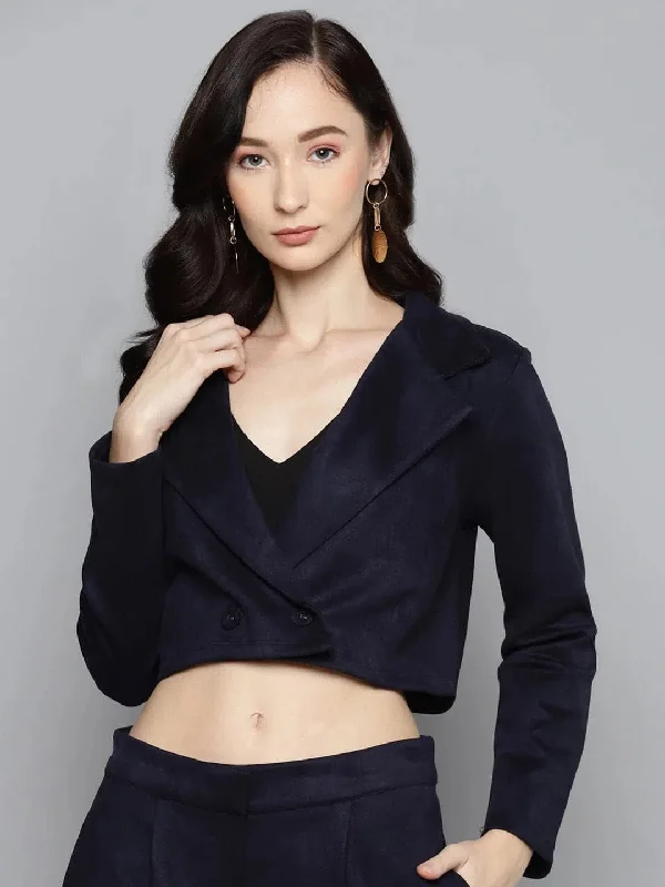 Women Solid Navy Full Sleeve Jacket Welt Pockets Slit Pockets Flap Pockets