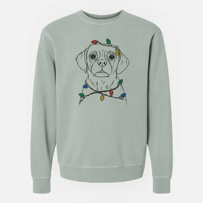 Christmas Lights Popcorn the Puggle - Unisex Pigment Dyed Crew Sweatshirt Hoodie with Elastic Waist Stretchable Comfortable