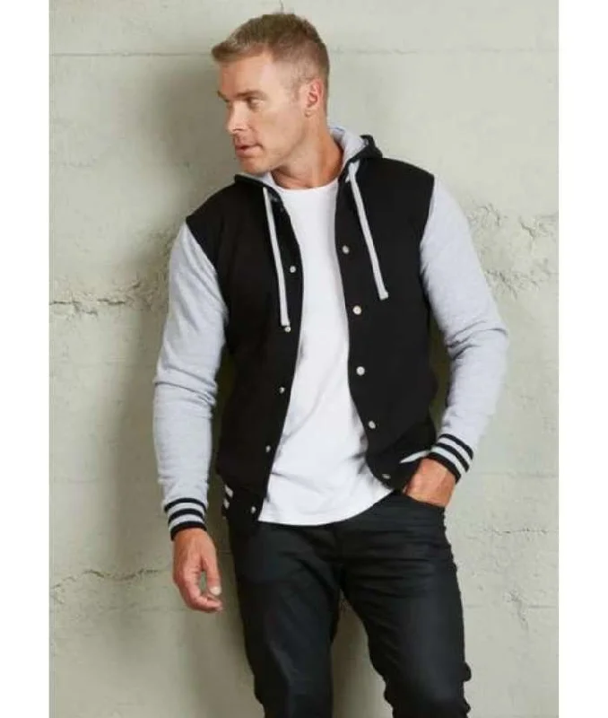 Hooded Letterman Jacket - Unisex One-Shoulder Jacket Off-the-Shoulder Jacket Asymmetrical Jacket