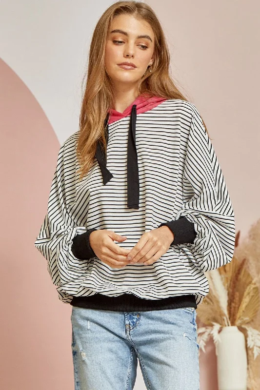 Black and White Stripes with Hot Pink Hood - Hoodie - Andree by Unit Hoodie Dress Longline Feminine