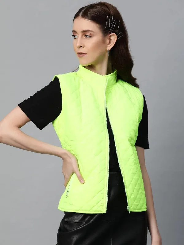 Women Solid Green Sleeveless Jacket Nylon Jacket Polyester Jacket Spandex Jacket