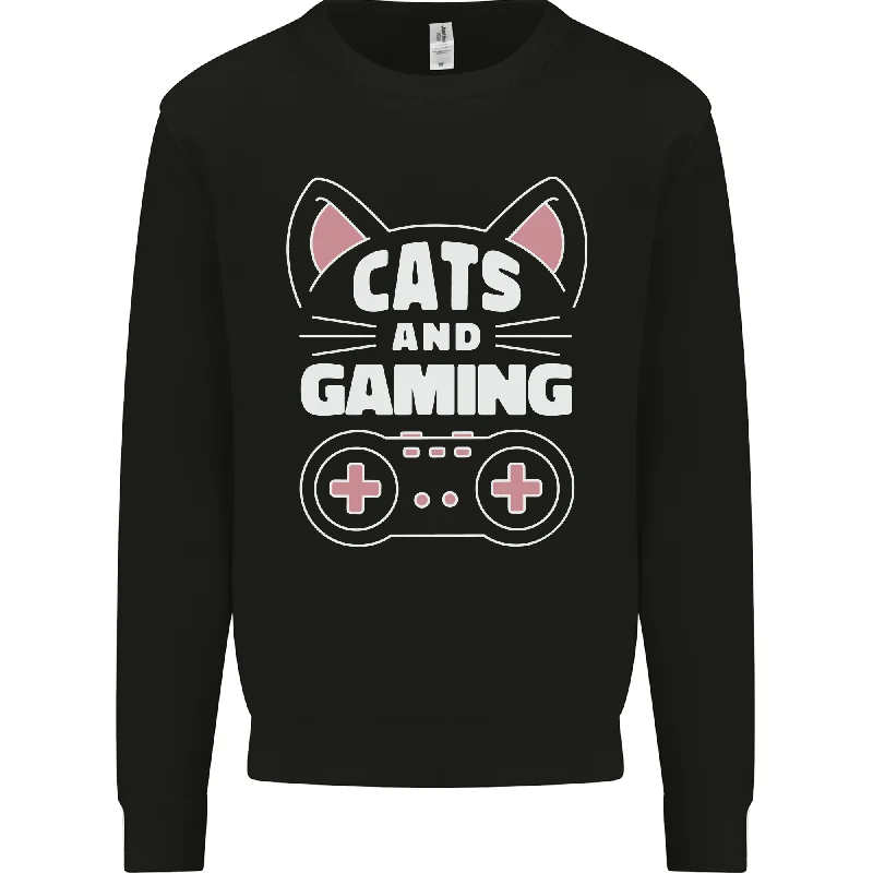 Cats and Gaming Funny Gamer Mens Sweatshirt Jumper Hoodie with Zipper Placket Modern Functional
