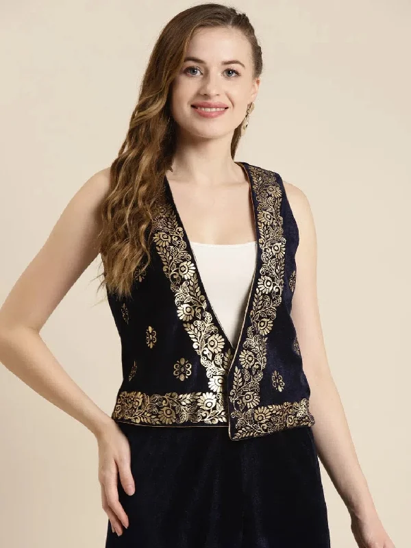 Women Printed Navy Sleeveless Jacket Knit Fabric Woven Fabric Fleece Fabric
