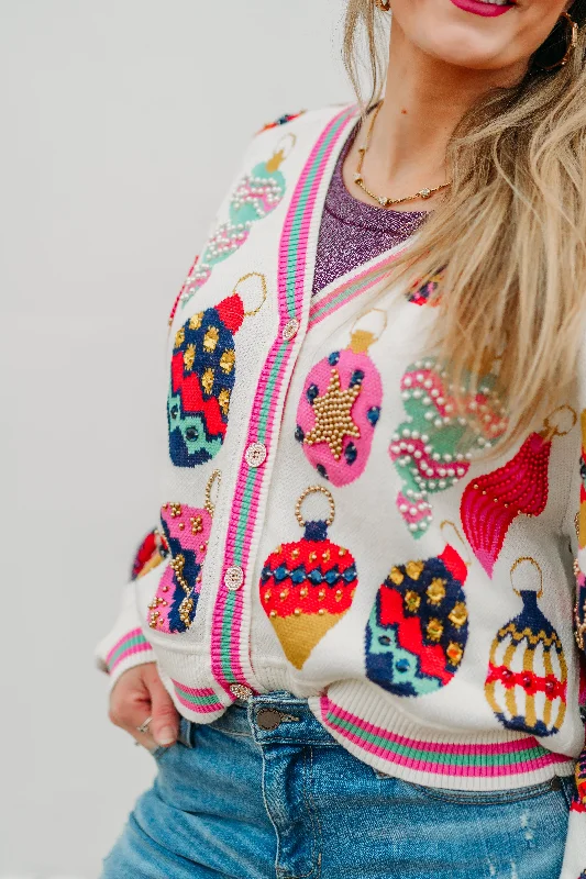 Queen of Sparkles: Beige Multi Ornament Cardigan Thin Thick Dense