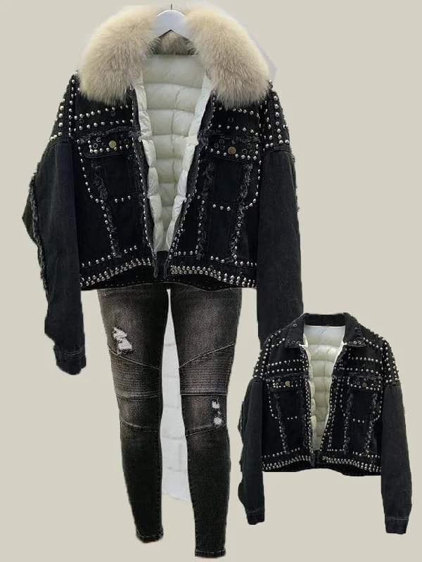 Real Fox Fur and Down 2020 Hand Studded Rivet Denim Jacket Mesh Jacket Canvas Jacket Denim Jacket