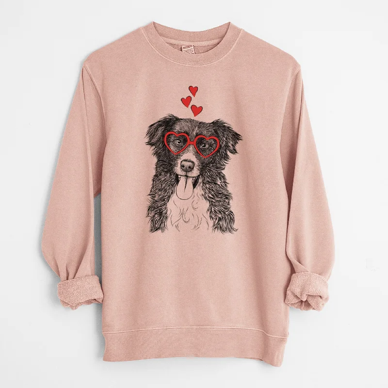 Valentine Indi the Border Collie - Unisex Pigment Dyed Crew Sweatshirt Hoodie with Hem Embroidery Detailed Premium