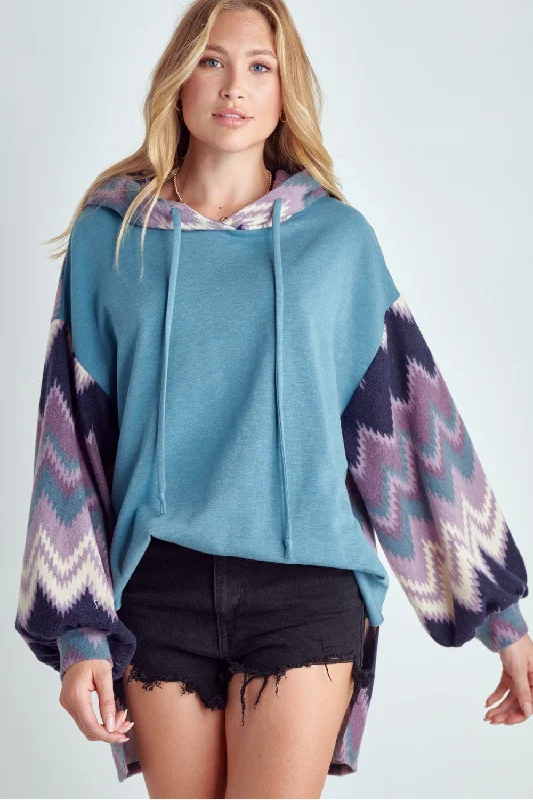 Zig Zag Print Teal Hoodie Sweatshirt Hoodie with Ribbed Hem Stretchable Secure