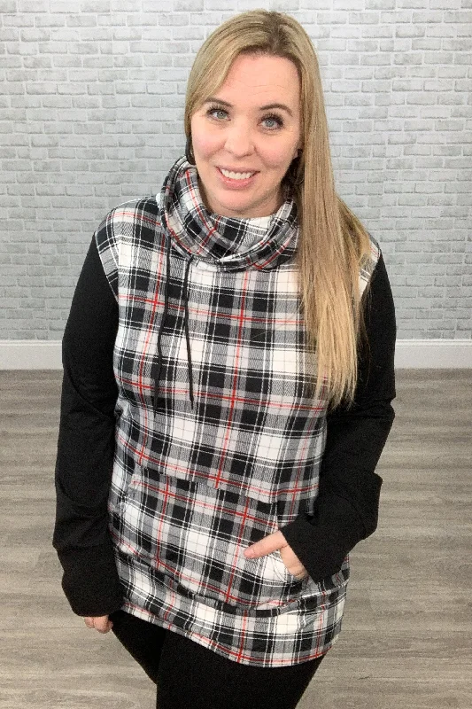 "Tangled Up in Plaid" Funnel Neck Sweatshirt Hoodie with Applique Textured Unique