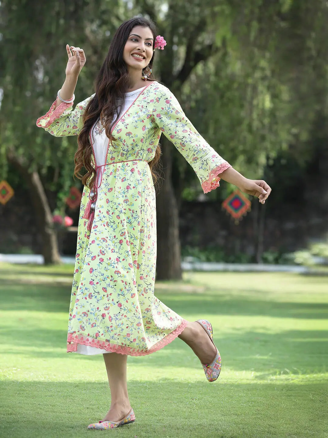 Juniper Women's Limegreen Cambric Embroidered & Printed Jacket Style Kurta Satin Fabric Silk Fabric Chiffon Fabric