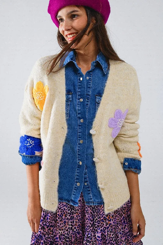 Q2 Embroidered Flower Cardigan Solid Color Striped Floral Print