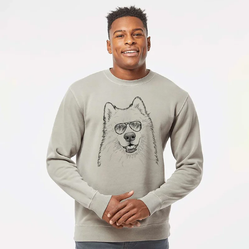 Aviator Foster the Samoyed - Unisex Pigment Dyed Crew Sweatshirt Hoodie with Monochrome Minimalist Simple