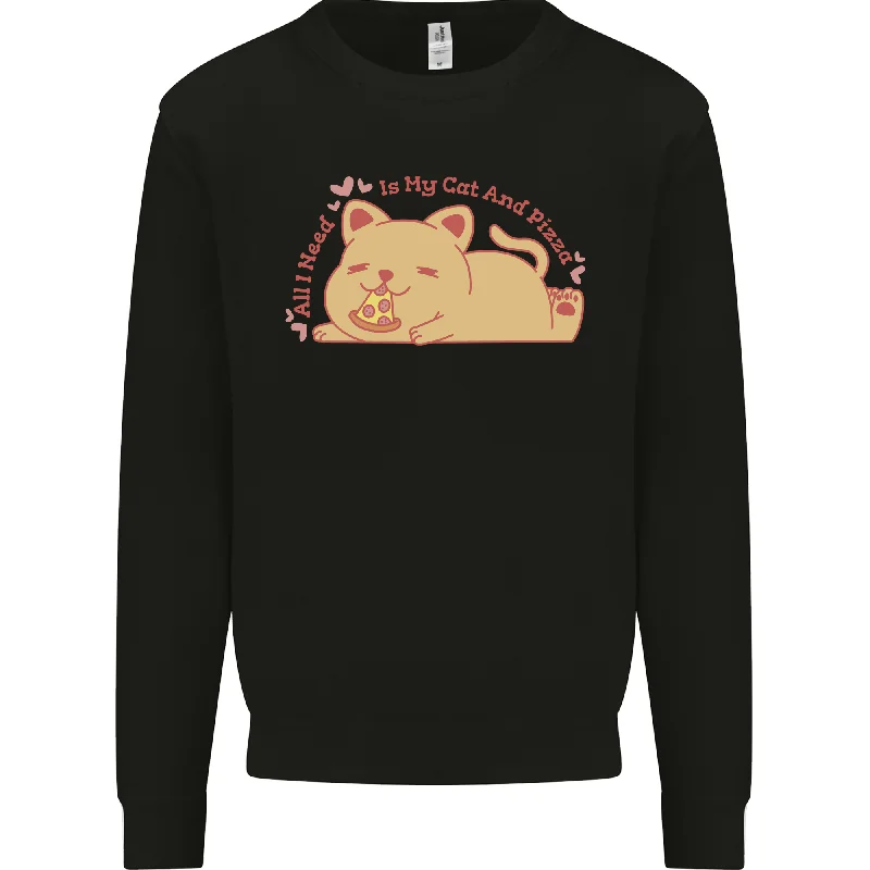 Cat and Pizza Funny Antisocial Mens Sweatshirt Jumper Hoodie with Hem Elastic Stretchable Comfortable