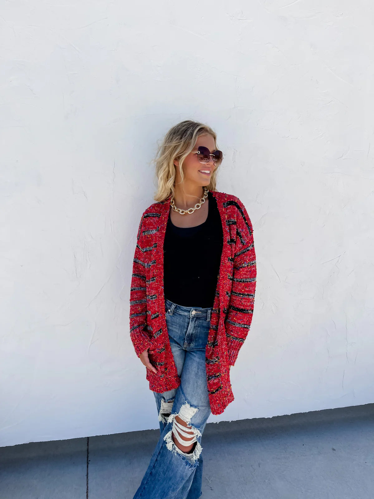 Stripe Miley Dot Cardigan-Red Beaded Cardigan Sequined Faux Fur