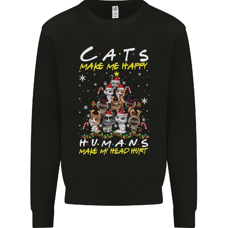 Cats Make Me Happy Funny Christmas Mens Sweatshirt Jumper Hoodie with Strings Custom Fit Adjustable