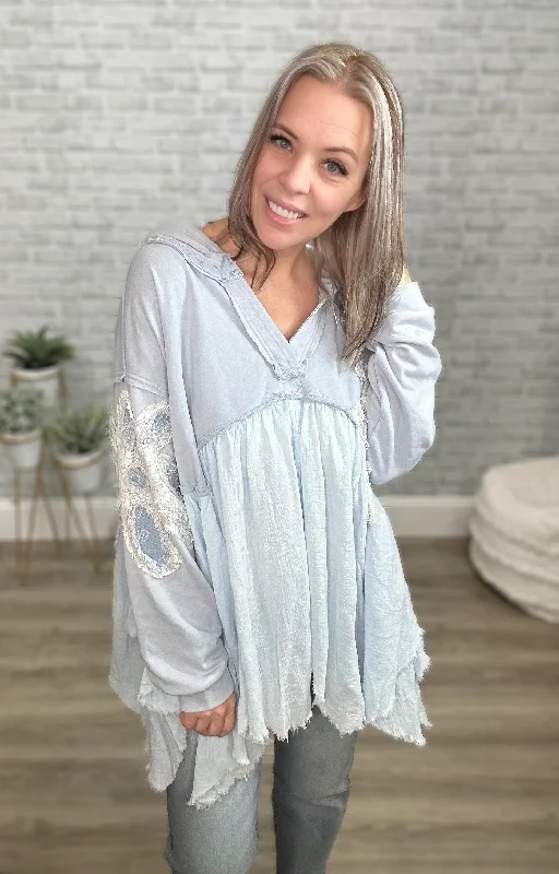 Asymmetrical Light Blue Daisy Hoodie - Oli & Hali Hooded Sweatshirt Casual Wear Street Style