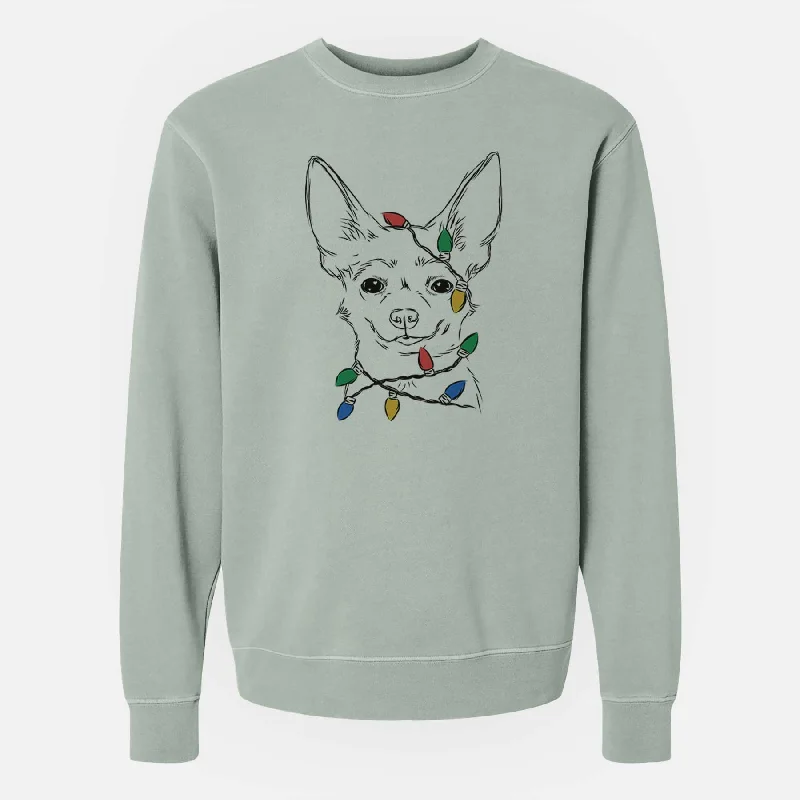 Christmas Lights Amos the Chihuahua - Unisex Pigment Dyed Crew Sweatshirt Hoodie with Typography Text Message