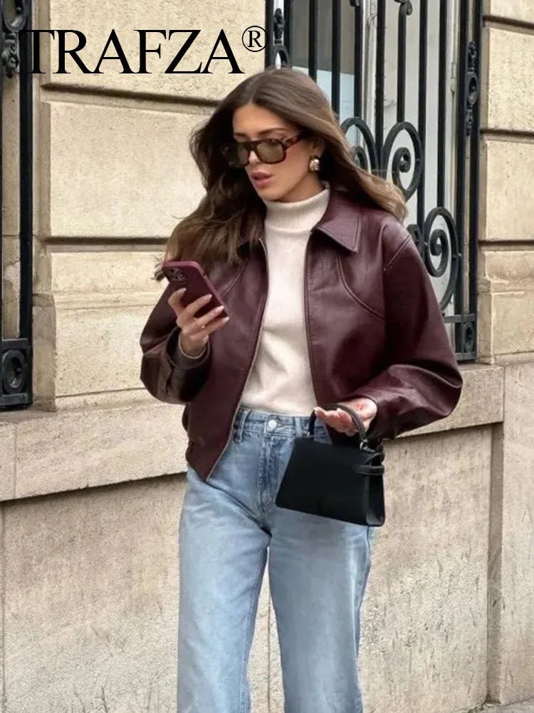 TRAFZA Vintage Women's Bomber Jacket Long Sleeves Lapel Loose Zipper Short Coat for Autumn Zip Front Button Front Snap Front