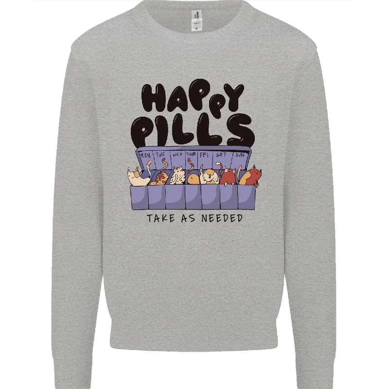 Cats Happy Pills Funny Feline Mens Sweatshirt Jumper Hoodie with Hem Drawcord Adjustable Customizable