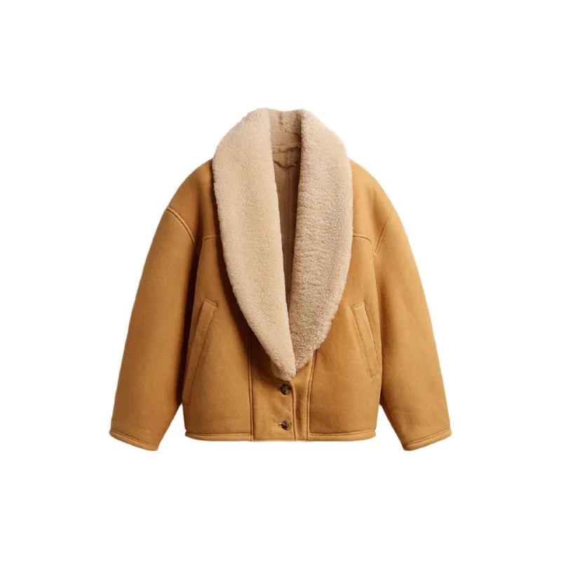 Sheepskin Jacket With Wide Shearling Shawl Collar(Brown) Tiered Jacket Buttoned Jacket Zippered Jacket