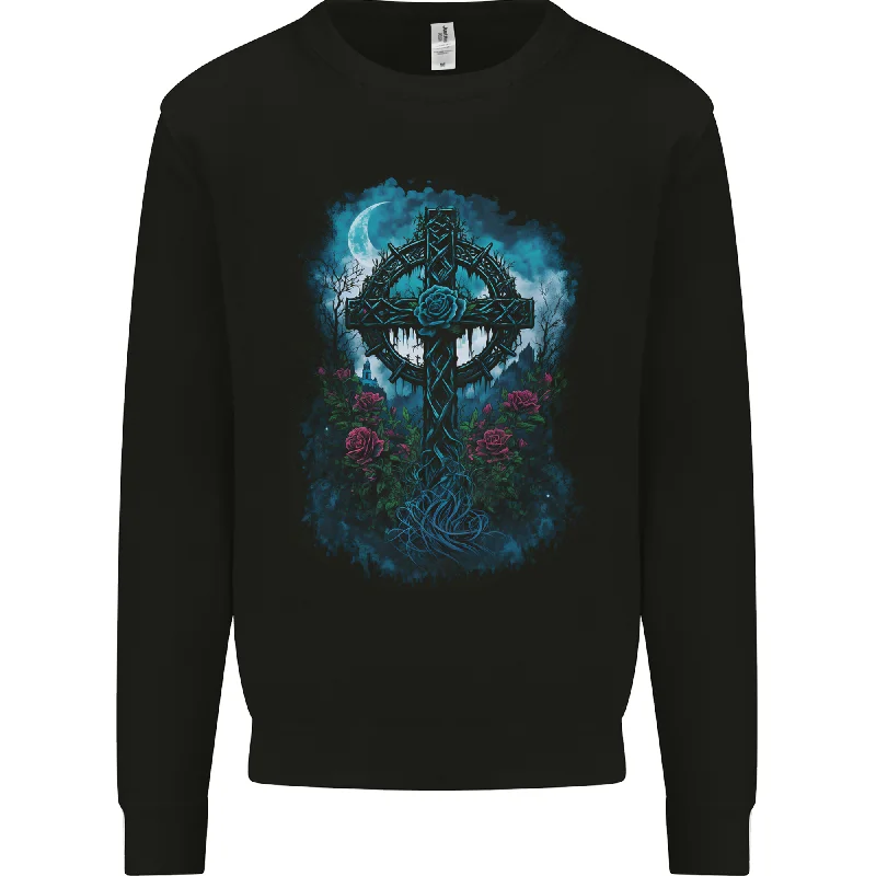 Celtic Cross in a Gothic Graveyard Mens Sweatshirt Jumper Hoodie with Contrast Stitching Detailed Premium