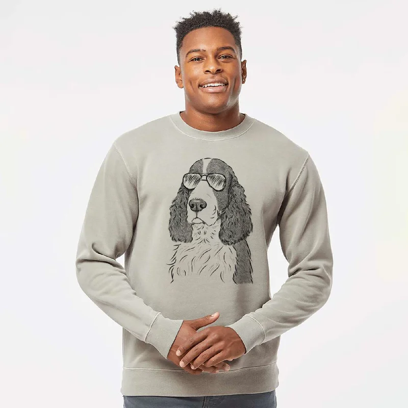 Aviator Quincy the English Springer Spaniel - Unisex Pigment Dyed Crew Sweatshirt Hoodie with Typography Text Message