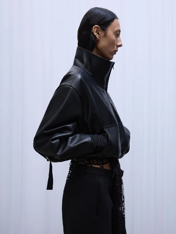 Seb Leather Bomber Jacket | Black Belted Jacket Elasticated Jacket Padded Jacket