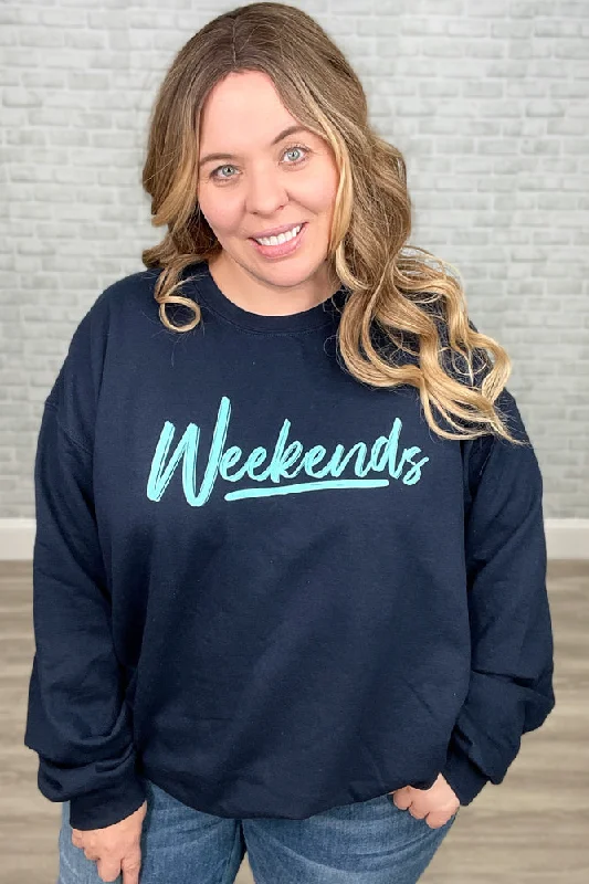 Navy and Aqua "Weekends" Sweatshirt Hoodie with Patch Decorative Personalized