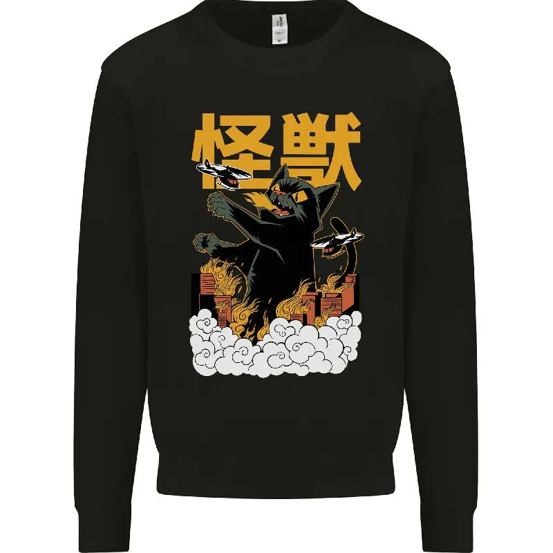 Catzilla Funny Cat Monster Parody Mens Sweatshirt Jumper Hoodie with Stripes Bold Sporty