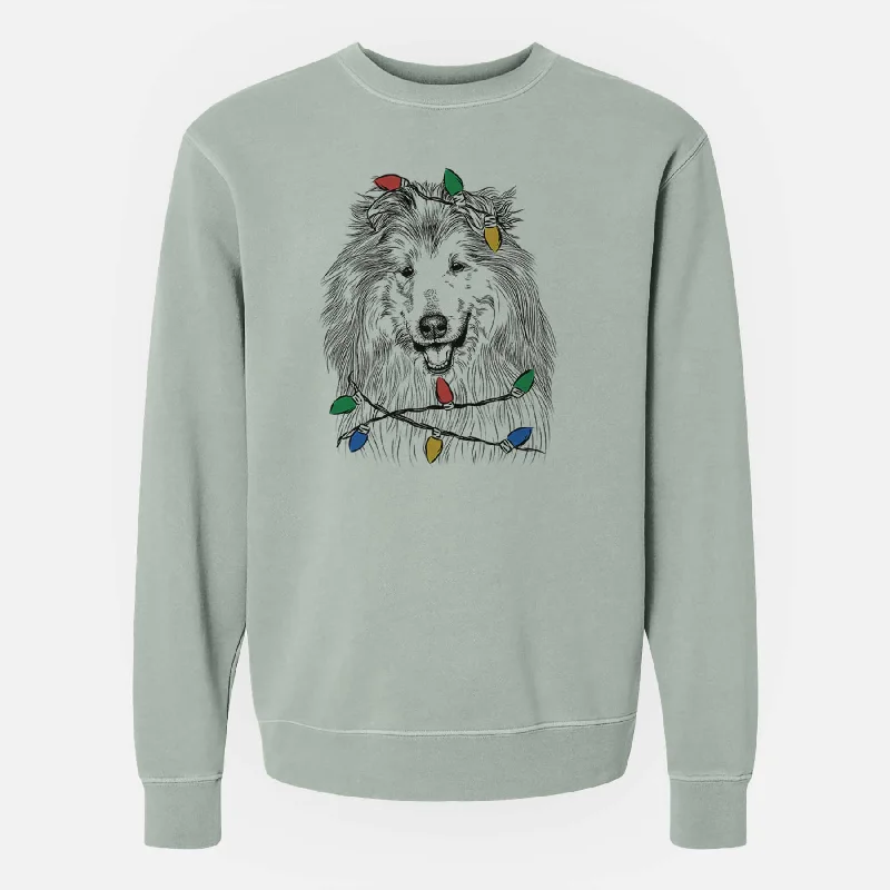 Christmas Lights Donnan the Rough Collie - Unisex Pigment Dyed Crew Sweatshirt Hoodie with Turtle Neck Cozy Winter