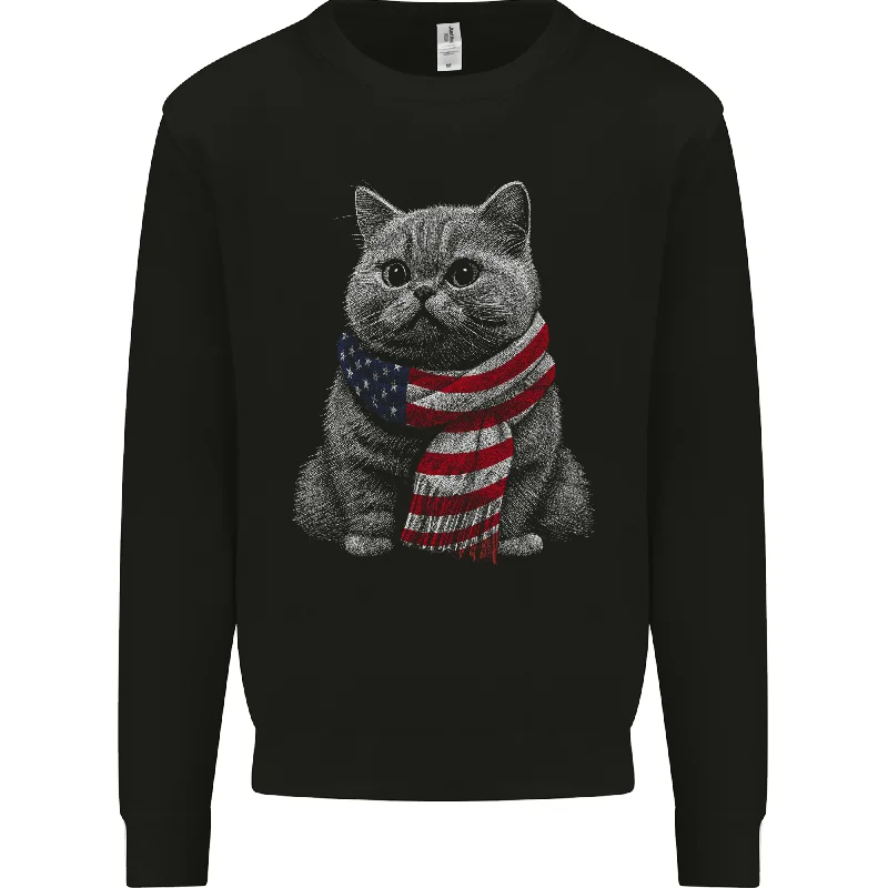Cat in USA Scarf American Flag Mens Sweatshirt Jumper Hoodie with Rolled Sleeves Casual Relaxed