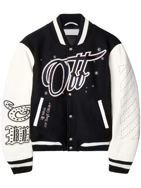 WO EMB Bling Stars Varsity Jacket (Black/Off-White) Hoodie Zip-Up Jacket Button-Up Jacket