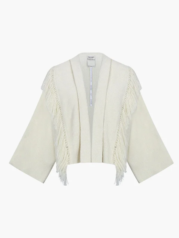 Siembra Cardigan | Ivory Denim Fabric Leather Fabric Suede Fabric