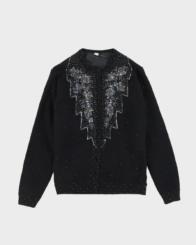 Vintage 1980s Black Beaded Knitted Cardigan - M Terry Terry Cloth Terry Knit
