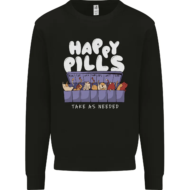 Cats Happy Pills Antidepressant Mens Sweatshirt Jumper Hoodie with Side Slits Relaxed Casual
