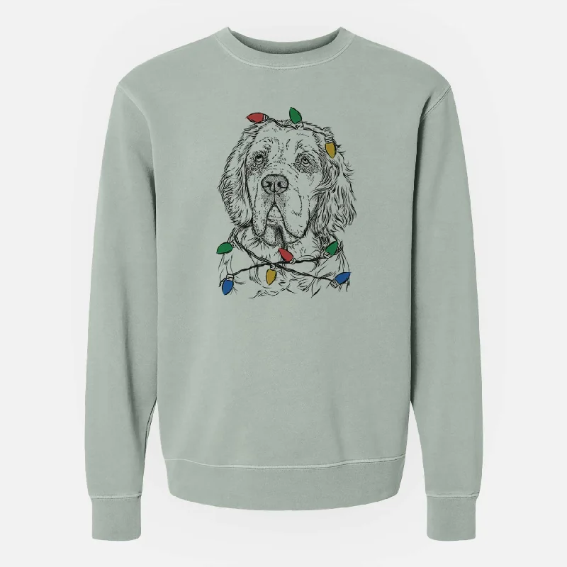 Christmas Lights Gary the Clumber Spaniel - Unisex Pigment Dyed Crew Sweatshirt Hoodie with Side Slits Relaxed Casual