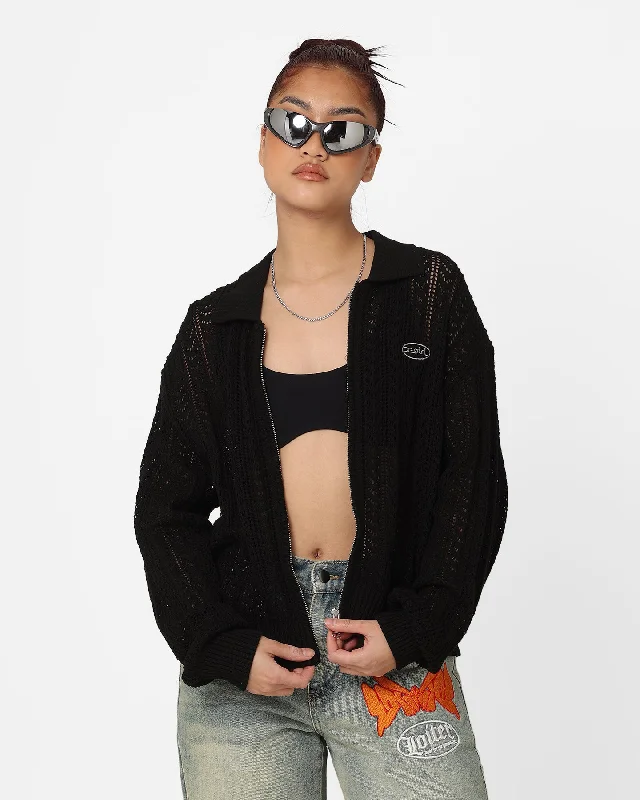 X-Girl Women's Crochet Double Zip Cardigan Black Anti-Pilling Anti-Shrink Durable