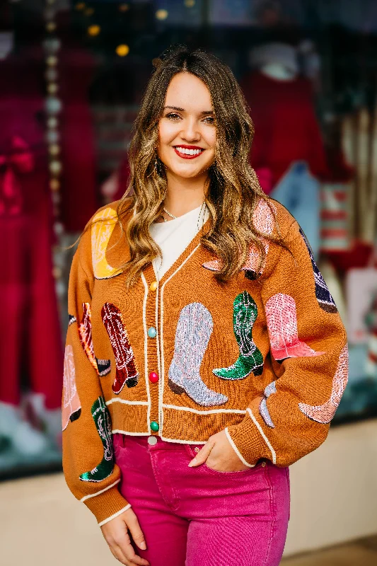 Queen Of Sparkles: Brown Multi Cowboy Boot Cardigan Oversized Loose Flowy