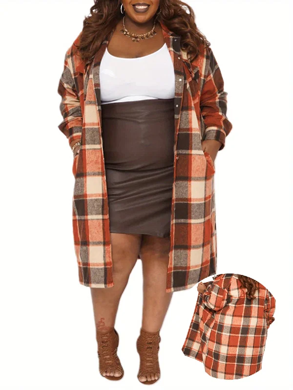 Women's Plus Size Plaid Shirt Loose Lapel Neck Long Sleeve Button Down Long Jacket with Pockets Casual VIP DEALS Quilted Jacket Puffer Jacket Insulated Jacket