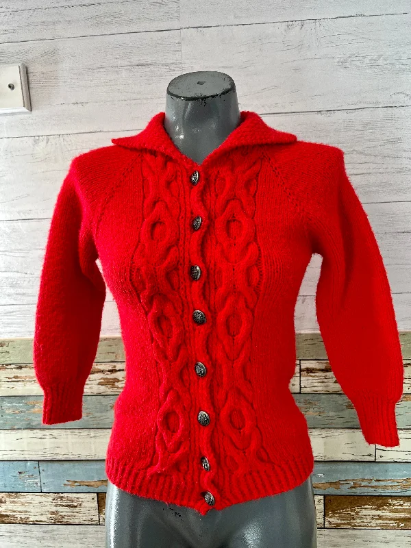 70’s Red knit Cardigan With Metal Buttons Chenille Blend Fleece Blend Nylon Blend