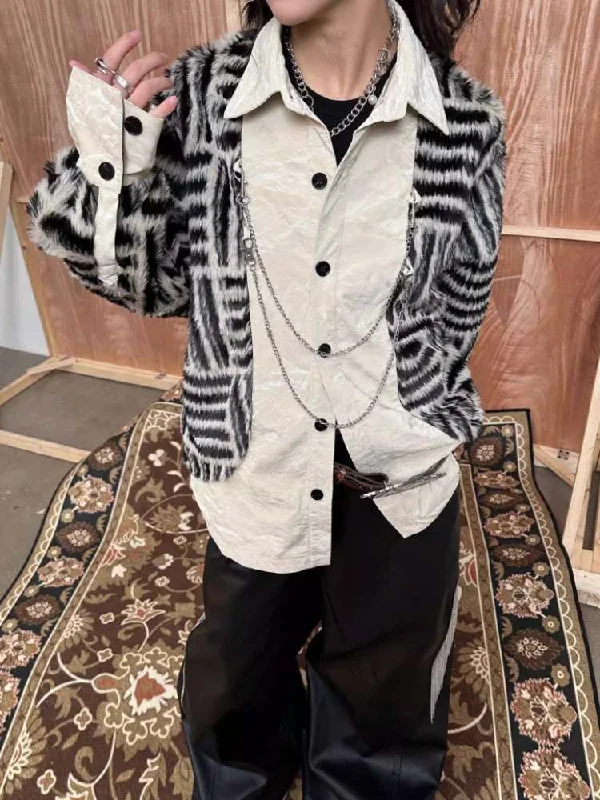 Stripe Metal Chain Loose Docking Shirt Jacket【s0000008312】 Zippered Jacket Buttoned Jacket Snapped Jacket