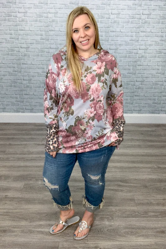 Floral Hoodie with Thumbholes and Fun Contrasting Animal Print Details Hoodie with Color Block Contrast Stylish