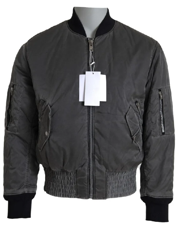 Elegant Gray Bomber Jacket Full Zip Closure Lace Jacket Ribbed Jacket Sequined Jacket