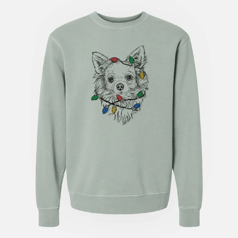 Christmas Lights Emma the Longhaired Chihuahua - Unisex Pigment Dyed Crew Sweatshirt Hoodie with Ribbed Cuffs Snug Fit Comfort