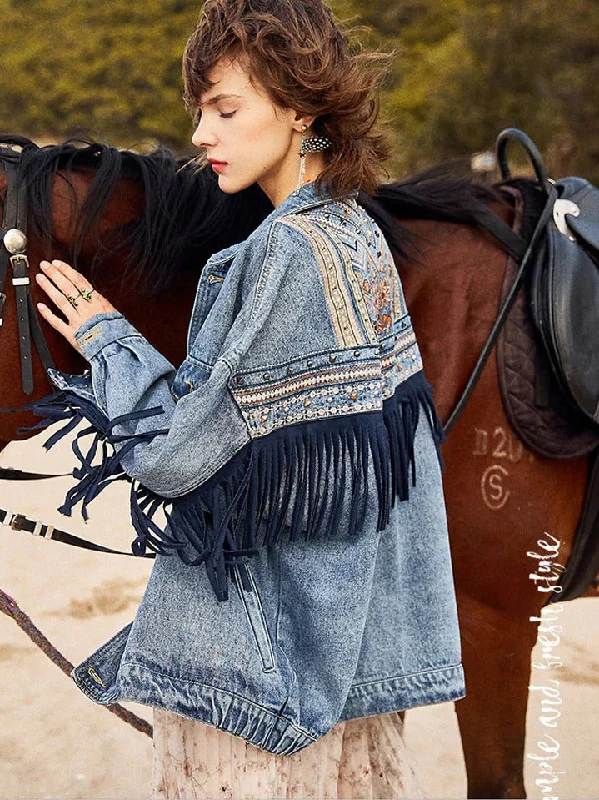 ASHORESHOP Womens Denim Jackets Ethnic Pattern floral Embroidery Suede Fringe Jacket Plaid Jacket Tartan Jacket Houndstooth Jacket