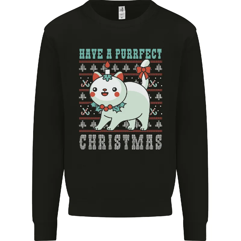 Cats Have a Purrfect Christmas Funny Xmas Mens Sweatshirt Jumper Hoodie with Hem Patch Decorative Personalized