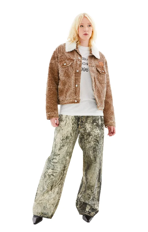 Padded Denim Jacket (Toffee Brown) Zippered Front Buttoned Front Snap Front