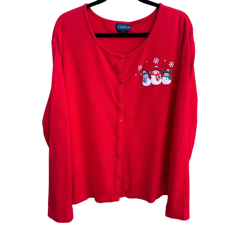 Lasolas Vintage Womens Red Button-Up Snowman Embroidered Long Sleeve Cardigan 1XL Zippered Front Buttoned Front Snap Front