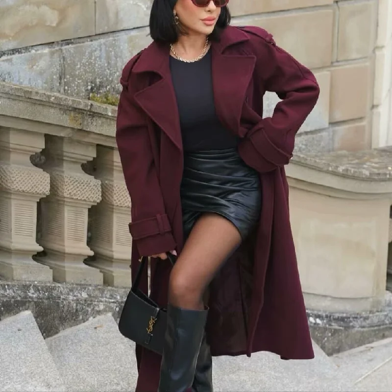 Fashion Lapel Woolen Coat With Belt Winter Double-breasted Trench Long Jacket For Women Clothing Nylon Fabric Polyester Fabric Spandex Fabric