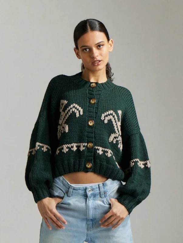 Inca Bird Cardigan | Forest Green and Taupe Elasticated Padded Insulated