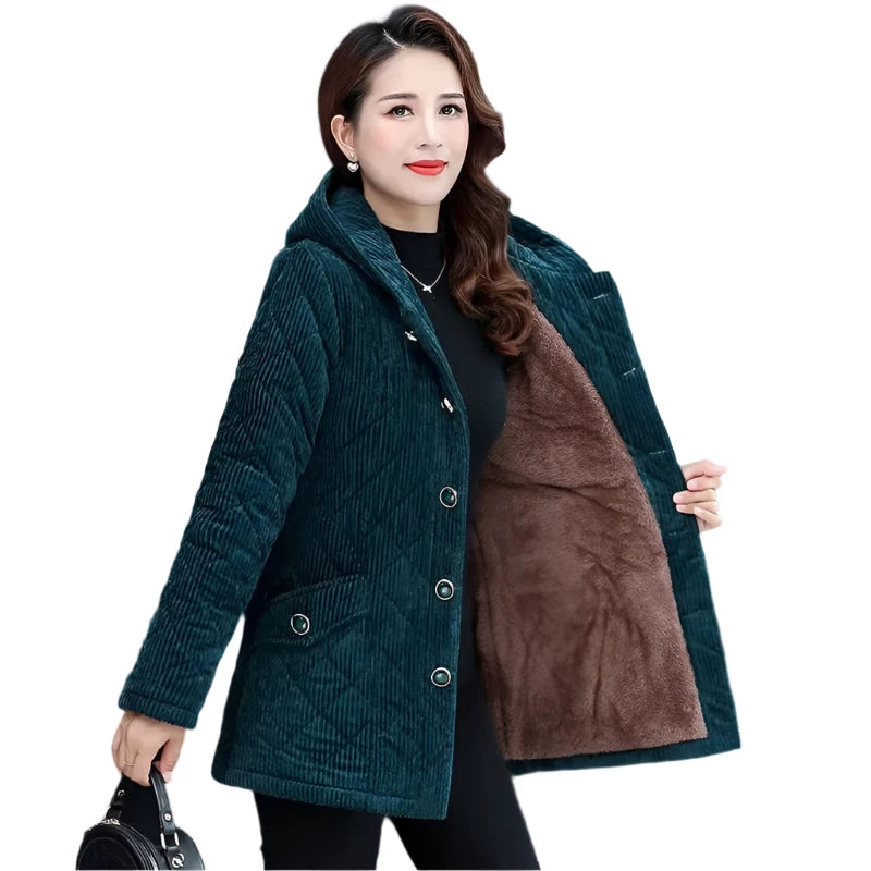 Corduroy Jackets for Women 2024 New Solid Loose Hooded Outerwear Warm Casual Overcoats Ideal for Middle-aged and Elderly Women Tiered Jacket Buttoned Jacket Zippered Jacket